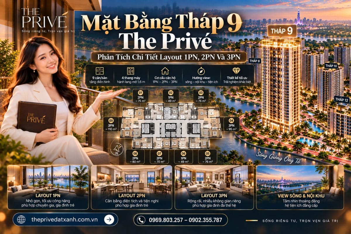 Mặt Bằng Tháp 9 The Privé – Phân Tích Chi Tiết Layout 1PN, 2PN Và 3PN