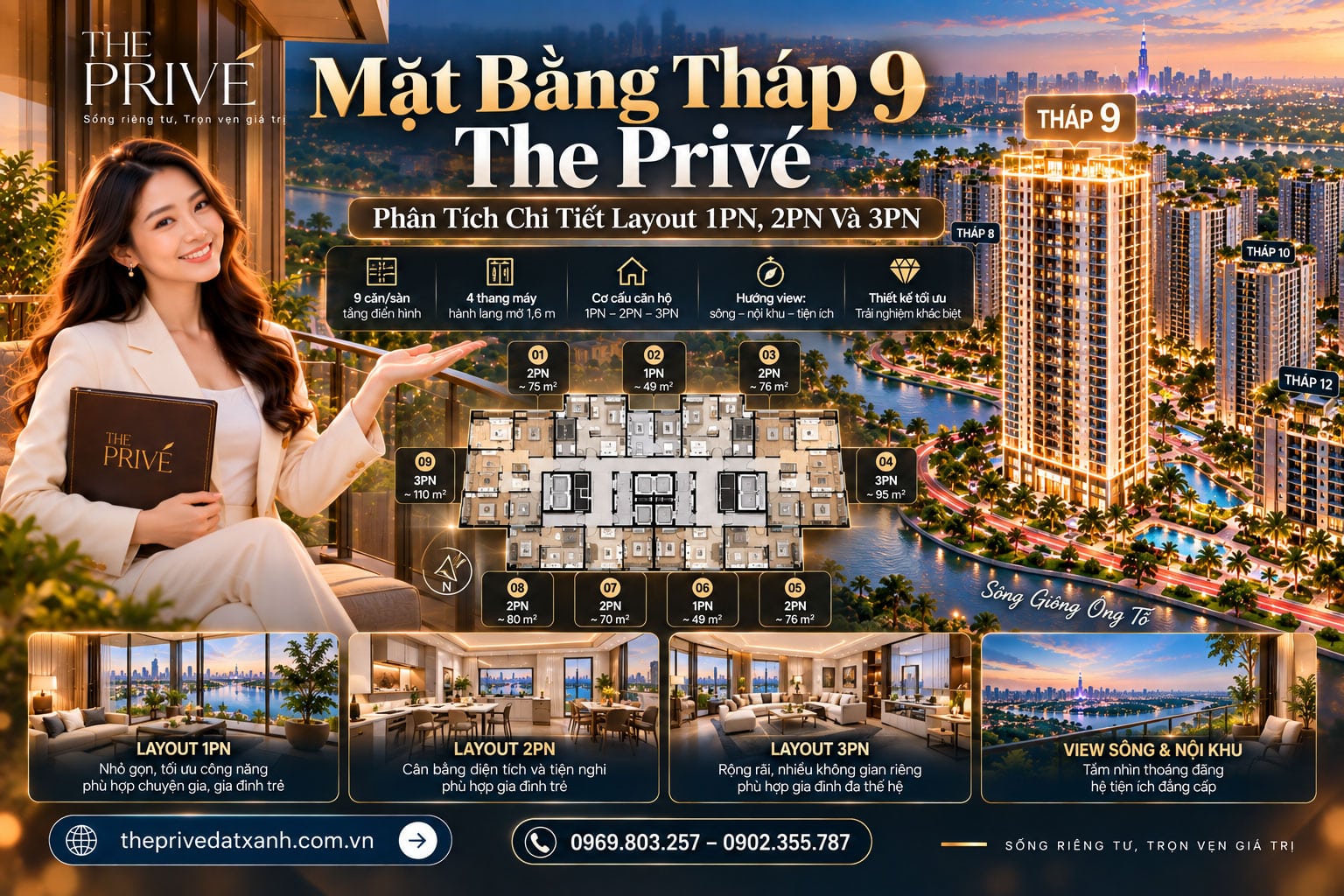 Mặt Bằng Tháp 9 The Privé – Phân Tích Chi Tiết Layout 1PN, 2PN Và 3PN